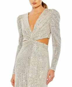 Ieena For Mac Duggal Sequined Criss Cross Long Sleeve Gown