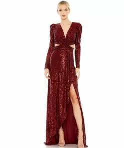 Ieena For Mac Duggal Sequined Criss Cross Long Sleeve Gown