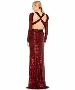 Ieena For Mac Duggal Sequined Criss Cross Long Sleeve Gown
