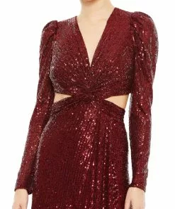 Ieena For Mac Duggal Sequined Criss Cross Long Sleeve Gown