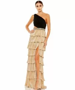 Ieena For Mac Duggal Metallic One Shoulder Ruffle Tiered Gown Shop For