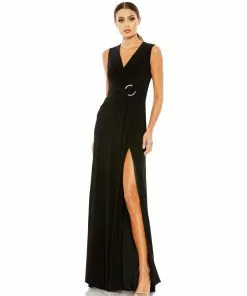 Mac Duggal Shop For Draped Side Knot Jersey Gown W/ Rhinestone Ring