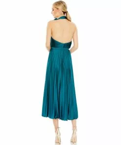 Mac Duggal Pleated High Neck Kitten Bow Midi Dress