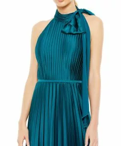 Mac Duggal Pleated High Neck Kitten Bow Midi Dress
