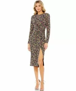 Ieena For Mac Duggal Floral Long Sleeve Midi Dress