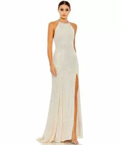 Ieena For Mac Duggal Shop For Sequined High Neck Rhinestone Trim Column Gown