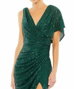 Ieena For Mac Duggal Bridesmaid Dresses Sequined Asymmetrical Draped Trumpet Gown