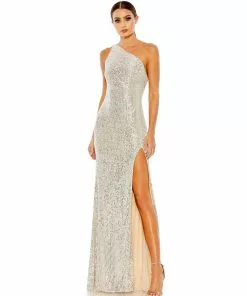 Ieena For Mac Duggal Sequined One Shoulder Draped Back Gown Shop For