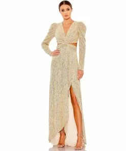 Ieena For Mac Duggal Shop For Metallic Puff Sleeve Front Twist Cut Out Gown