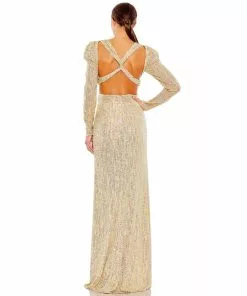 Ieena For Mac Duggal Shop For Metallic Puff Sleeve Front Twist Cut Out Gown