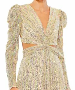 Ieena For Mac Duggal Shop For Metallic Puff Sleeve Front Twist Cut Out Gown