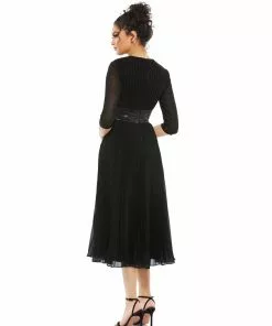 Mac Duggal Shop For Shimmering 3/4 Sleeve A-Line Midi Dress