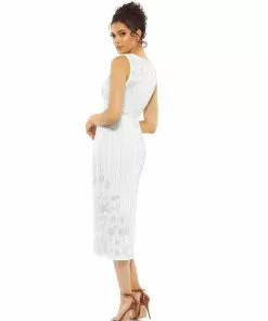 Mac Duggal Striped Floral Embellished Sleeveless Midi Dress Shop For