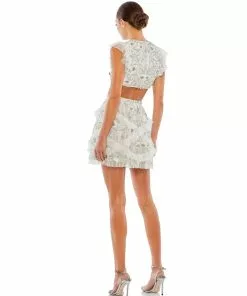 Mac Duggal Embellished Jewel Neck Tulle Ruffle Mini Dress