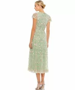 Mac Duggal Shop For Embroidered V Neck Cap Sleeve Midi Dress