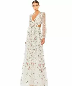 Mac Duggal Shop For Embroidered Frill Long Illusion Sleeve Gown