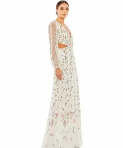 Mac Duggal Shop For Embroidered Frill Long Illusion Sleeve Gown