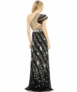 Mac Duggal Embroidered Ruffled One Shoulder Lace Up Gown Shop For