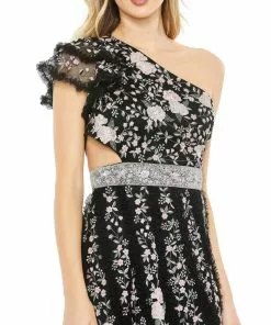 Mac Duggal Embroidered Ruffled One Shoulder Lace Up Gown Shop For