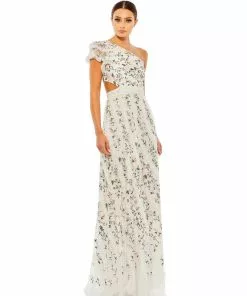 Mac Duggal Embroidered Ruffled One Shoulder Lace Up Gown Shop For