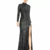 Ieena For Mac Duggal Sequined High Neck Long Sleeve Lace Up Gown