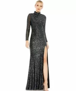 Ieena For Mac Duggal Sequined High Neck Long Sleeve Lace Up Gown
