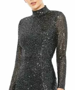 Ieena For Mac Duggal Sequined High Neck Long Sleeve Lace Up Gown