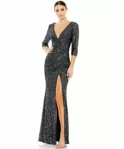 Ieena For Mac Duggal Shop For Sequined Draped 3/4 Sleeve Gown
