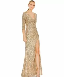 Ieena For Mac Duggal Shop For Sequined Draped 3/4 Sleeve Gown