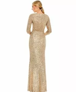 Ieena For Mac Duggal Shop For Sequined Draped 3/4 Sleeve Gown