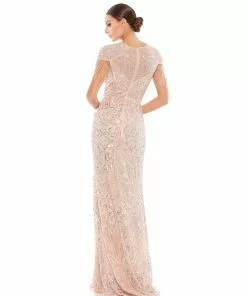 Mac Duggal Mother Of The Bride + Groom Dresses Embellished Short Sleeve Gown W/ Beaded Fringe