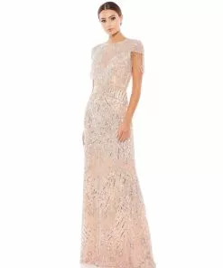 Mac Duggal Mother Of The Bride + Groom Dresses Embellished Short Sleeve Gown W/ Beaded Fringe