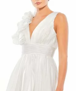 Mac Duggal Ruffle Shoulder Empire Waist Deep-V Dress Short Dresses