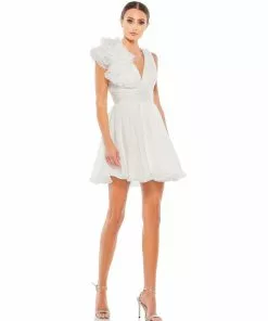 Mac Duggal Ruffle Shoulder Empire Waist Deep-V Dress Short Dresses