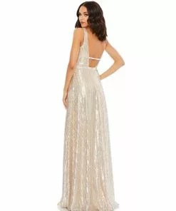 Mac Duggal Metallic Sequined Plunge Neck Gown Shop For