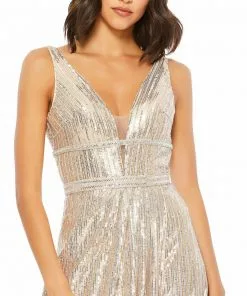 Mac Duggal Metallic Sequined Plunge Neck Gown Shop For