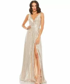 Mac Duggal Metallic Sequined Plunge Neck Gown Shop For