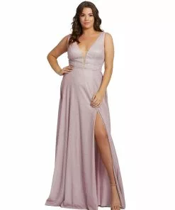 Mac Duggal Plus Size Orchid Glitter V-Neck Evening Gown | Final Sale
