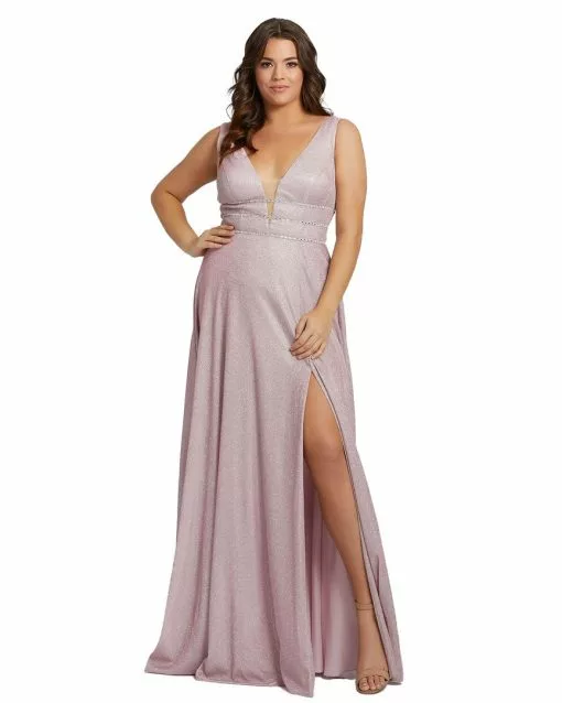 Mac Duggal Plus Size Orchid Glitter V-Neck Evening Gown | Final Sale
