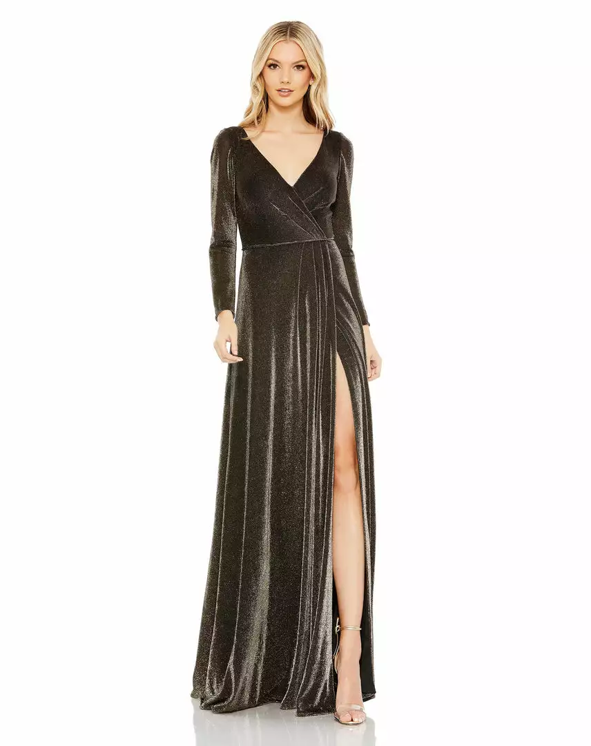 Ieena For Mac Duggal Shop For Metallic Jersey Surplice Gown 3 Ieena For Mac Duggal Shop For Metallic Jersey Surplice Gown