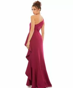 Mac Duggal One Shoulder High Slit Ruffle Gown