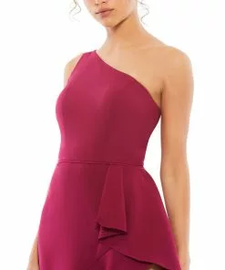 Mac Duggal One Shoulder High Slit Ruffle Gown