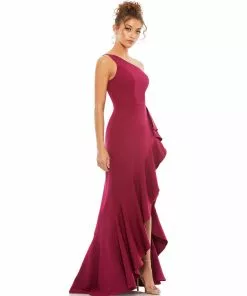 Mac Duggal One Shoulder High Slit Ruffle Gown