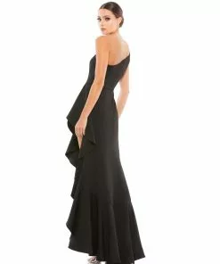 Mac Duggal One Shoulder High Slit Ruffle Gown
