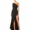 Mac Duggal One Shoulder High Slit Ruffle Gown