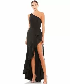 Mac Duggal One Shoulder High Slit Ruffle Gown