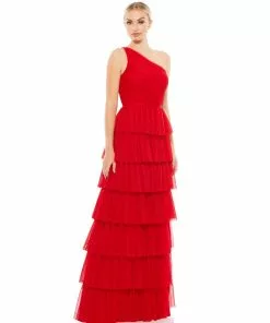 Ieena For Mac Duggal One Shoulder Layered Tiered Tulle Gown