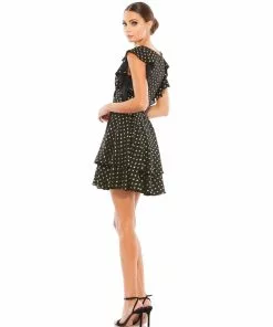 Ieena For Mac Duggal Metallic Flutter Sleeve Polkadot Dress Short Dresses