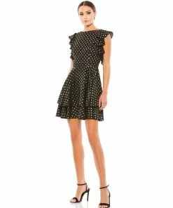 Ieena For Mac Duggal Metallic Flutter Sleeve Polkadot Dress Short Dresses