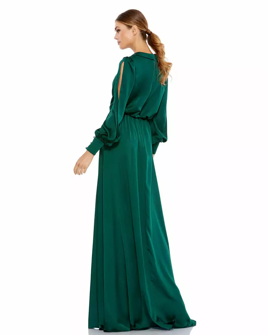 Ieena For Mac Duggal Bishop Sleeve Faux Wrap Gown 2 Ieena For Mac Duggal Bishop Sleeve Faux Wrap Gown